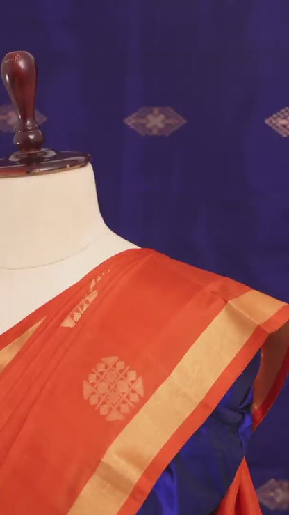 Orange Coimbatore Soft Silk Saree with Navy Blue & Zari Pallu