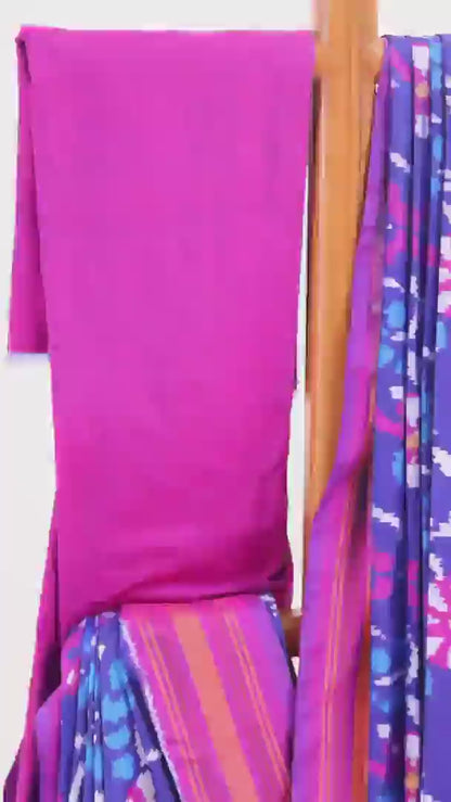 Royal Blue & Magenta Floral Ikat Pochampally Silk Saree