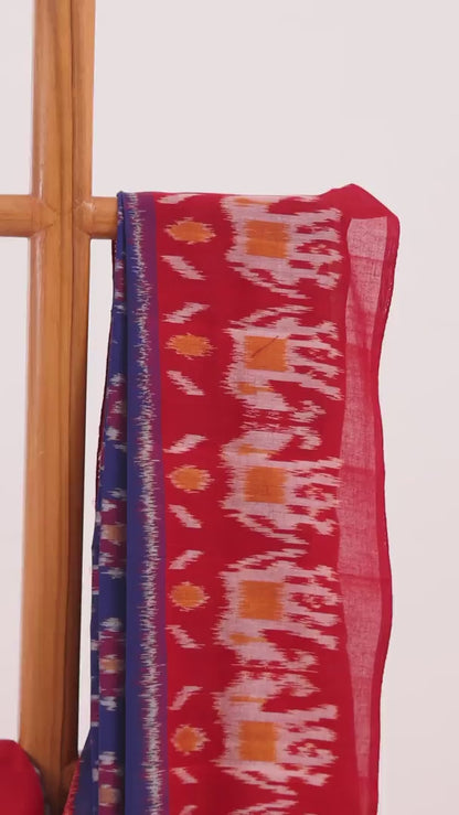 Blue & Red Elephant Motif Pochampally Cotton Ikat Saree