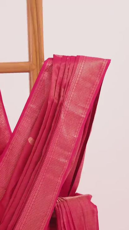 Red Maheshwari Tissue Silk Saree with Gold Buttas & Zari Border