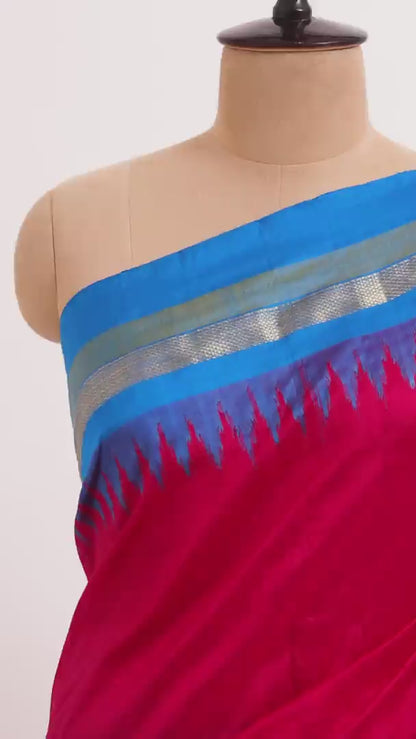Pink & Blue Dual Border Ikat Pochampally Silk Saree