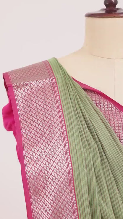 Green & Pink Striped Maheshwari Cotton Silk Saree with Pink Zari Border