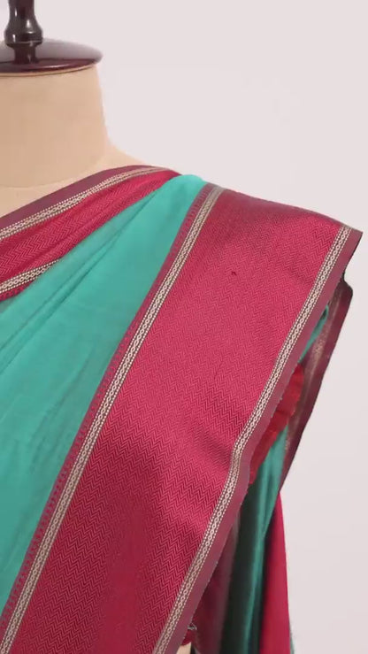 Blue Maheshwari Cotton Silk Saree with Red Zari Border