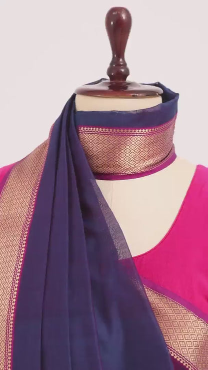 Blue Maheshwari Cotton Silk Saree with Pink Zari Border