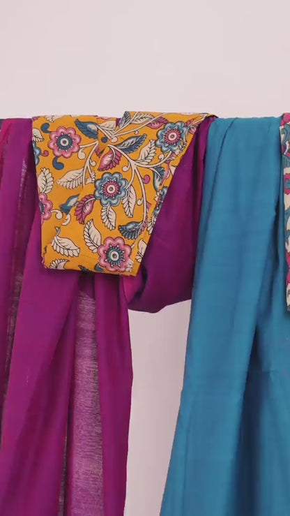 Plain Purple Mangalagiri Cotton Saree with Yellow Block Print Blouse