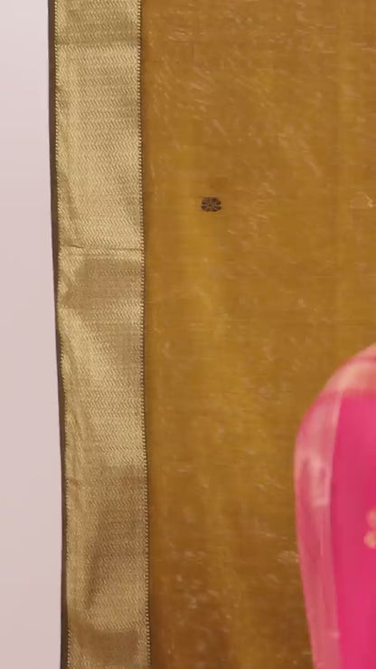 Turquoise Maheshwari Cotton Silk Saree with Gold Buttas & Pink Zari Border