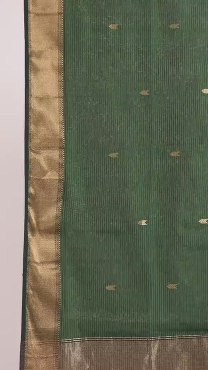Green Maheshwari Tissue Silk Saree with Gold Buttas & Black Zari Border