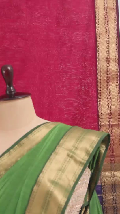 Green Maheshwari Cotton Silk Saree with Pink Pallu & Zari Border