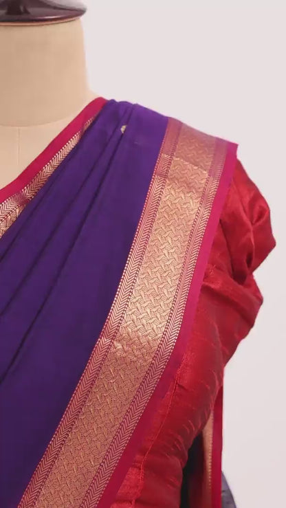 Purple Maheshwari Cotton Silk Saree with Gold Buttas & Red Zari Border