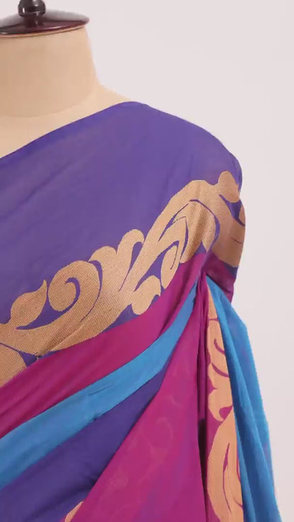 Blue Chettinad Cotton Saree with Pink & Purple Borders