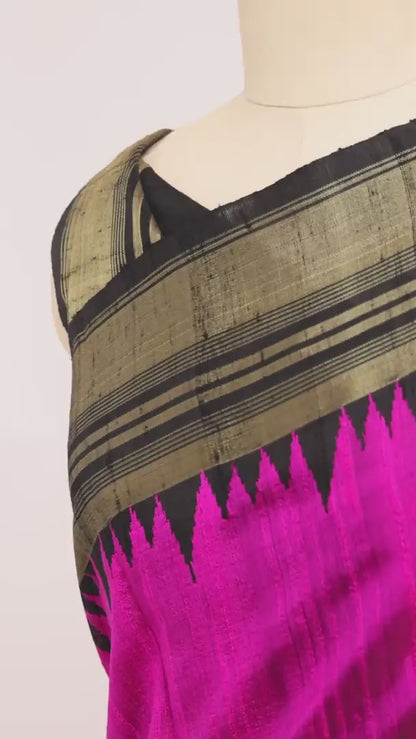 Pink Jute Silk Saree with Black & Gold Zari Pallu