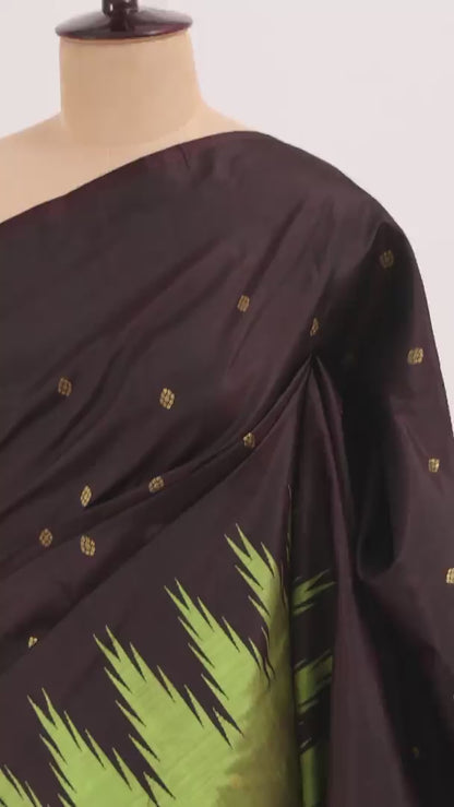 Chocolate Brown Korvai Silk Saree with Green Border and Pallu