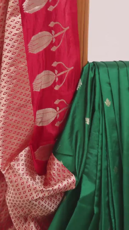 Green Silk Saree with Zari Buttas and Contrasting Red Blouse